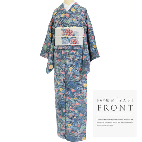 小紋 リサイクル 身丈155.8cm 裄62cm 袷 花や鳥柄 ブルー Mサイズ お洒落 正絹 広衿 Sランク