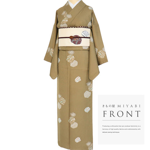 小紋 リサイクル 身丈151.8cm 裄63.4cm 袷 地紋 ブラウン Sサイズ お洒落 カジュアル 正絹 広衿 Sランク