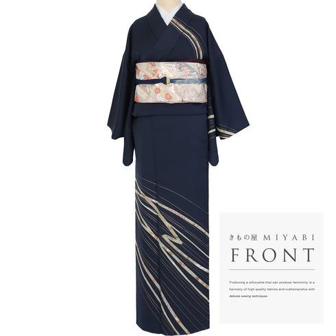 訪問着 リサイクル 身丈168cm 裄62.4cm 袷 デザイン線に熨斗柄 箔 ネイビー LLサイズ セミフォーマル お洒落 一つ紋 正絹 広衿 Sランク