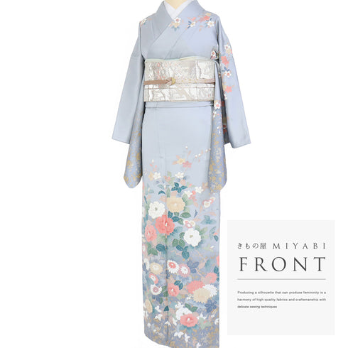 訪問着 リサイクル 身丈162cm 裄66.4cm 袷 花各種柄 ブルー Lサイズ セミフォーマル お洒落 正絹 広衿 Aランク