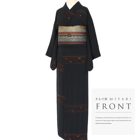 小紋 リサイクル 身丈152.7cm 裄64cm 袷 横段柄 パールトーン加工 ブラック Sサイズ お洒落 カジュアル 正絹 広衿 Sランク