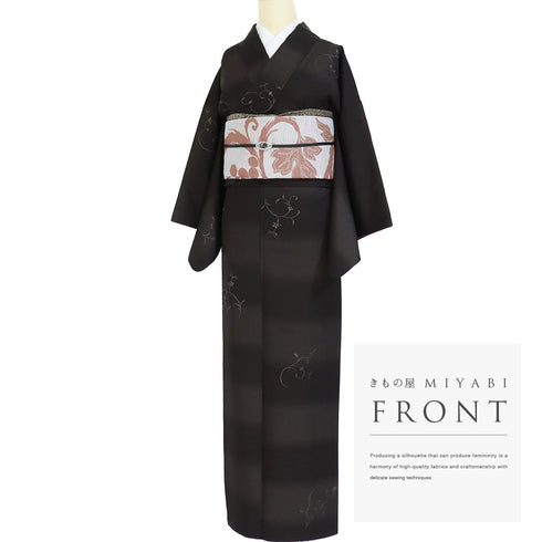 小紋 リサイクル 身丈161.7cm 裄64.8cm 袷 織・段ぼかし柄 刺繍 ブラウン Lサイズ お洒落 カジュアル 正絹 広衿 Sランク