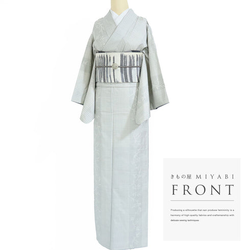 大島紬 リサイクル 身丈160.5cm 裄65.6cm 袷 白大島 縞模様 蔓草柄 ホワイト Lサイズ お洒落 カジュアル 証紙 正絹 広衿 Sランク