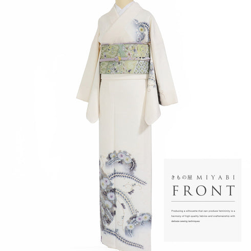 訪問着 リサイクル 身丈167.7cm 裄67cm 袷 辻が花模様 後絞り加工 箔 アイボリー LLサイズ セミフォーマル お洒落 正絹 広衿 Aランク