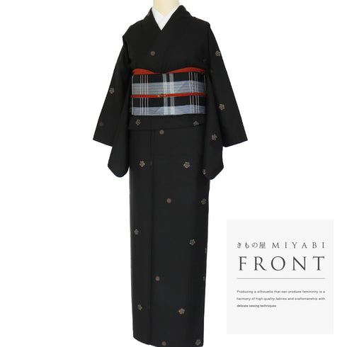 紬 リサイクル 身丈157cm 裄62.8cm 袷 ねじり梅柄 パールトーン加工 ブラック Mサイズ お洒落 カジュアル 正絹 広衿 Aランク