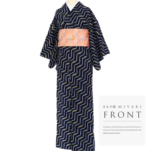 浴衣 リサイクル 夏着物 身丈142.7cm 裄60.4cm 夏物 ジュニアサイズ 幾何学模様 ネイビー 規格外サイズ カジュアル 木綿 洗える着物 バチ衿 Sランク