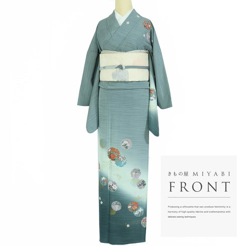 付下げ リサイクル 身丈160.5cm 裄67.2cm 単衣 ぼかし柄 雪輪柄 花柄 刺繍 箔加工 グリーン Lサイズ セミフォーマル 正絹 広衿 Sランク