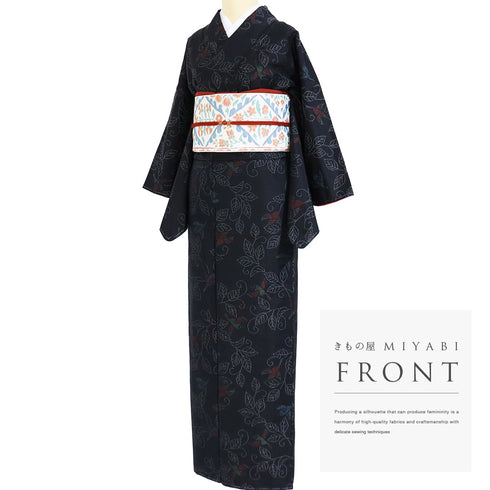 大島紬 リサイクル 身丈158.7cm 裄64.8cm 袷 鳥や葉枝柄 ブラック Mサイズ カジュアル お洒落 しつけ糸 正絹 広衿 Sランク