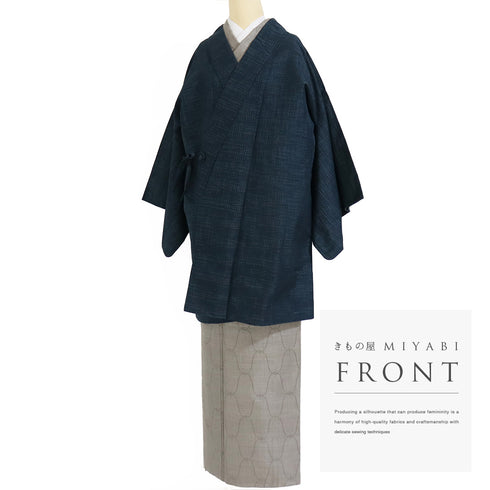 道中着 リサイクル 身丈91.8cm 裄66.6cm 袷 絣 着物衿 ネイビー Lサイズ カジュアル お洒落 正絹 Sランク