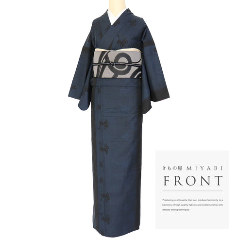 紬 リサイクル 身丈161.3cm 裄65.2cm 袷 都喜エ門 鶴柄 ネイビー Lサイズ お洒落 証紙 正絹 広衿 Sランク