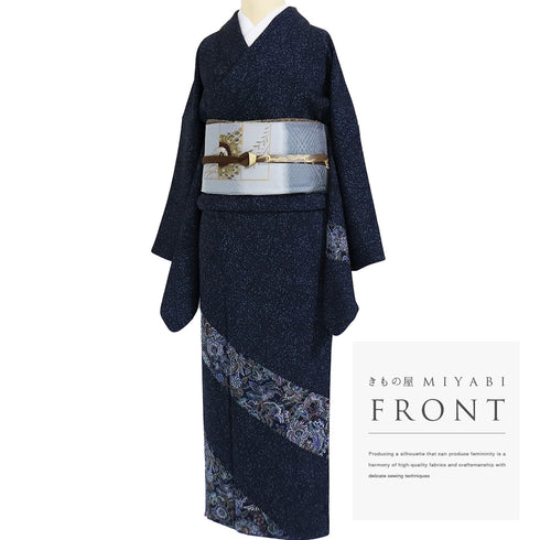 付下げ リサイクル 身丈159cm 裄68cm 袷 鳳凰更紗柄 たたき 地紋 ネイビー Mサイズ お洒落 正絹 広衿 Sランク