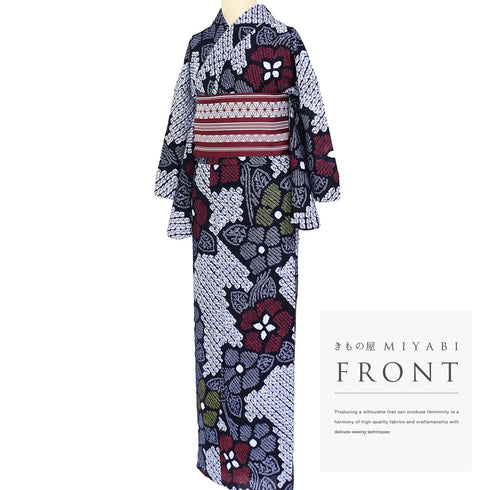 浴衣 リサイクル 夏着物 身丈158cm 裄65cm 夏物 絞り 花柄 ネイビー Mサイズ カジュアル 木綿 洗える着物 バチ衿 Aランク