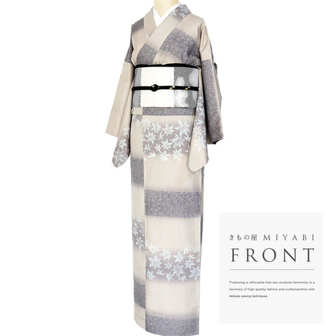 紬 リサイクル 身丈164cm 裄64.6cm 袷 横段に楓・梅・笹模様 グレー Lサイズ お洒落 証紙 しつけ糸 正絹 広衿 未使用品