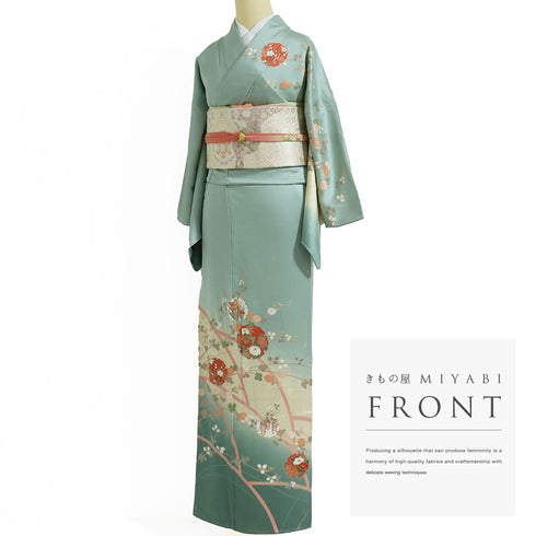 付下げ リサイクル 身丈164.5cm 裄65.2cm 袷 雪輪 花柄 地紋 箔加工 グリーン Lサイズ セミフォーマル お洒落 正絹 広衿 Sランク