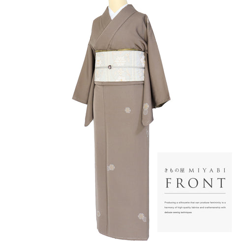 小紋 リサイクル 身丈151cm 裄63.2cm 袷 雪輪柄 ブラウン Sサイズ お洒落 一つ紋 しつけ糸 正絹 広衿 Sランク