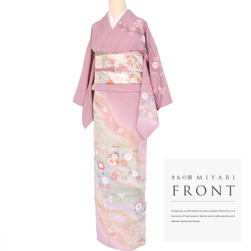 付下げ リサイクル 身丈159cm 裄63cm 袷 道長取りに菊やしだれ花模様 絞り柄 パープル Mサイズ セミフォーマル 一つ紋 正絹 広衿 Aランク