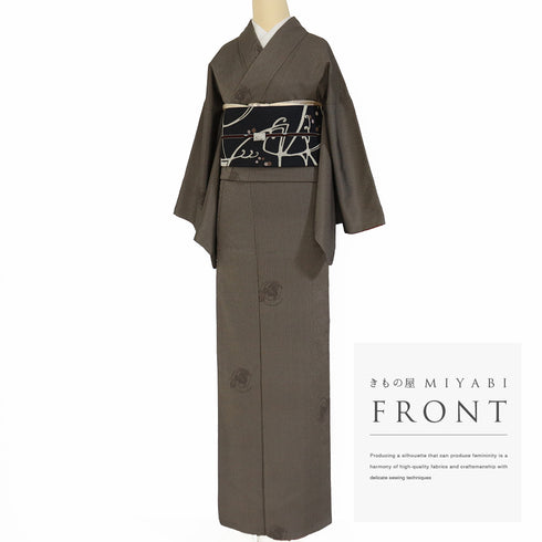 小紋 リサイクル 身丈65.2cm 裄67.4cm 袷 お召し 縞模様 葡萄柄 ブラウン 規格外サイズ お洒落 正絹 広衿 Sランク