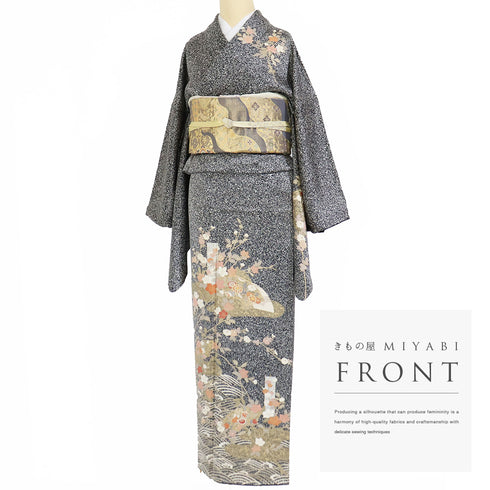 訪問着 リサイクル 身丈167.3cm 裄70.2cm 袷 短冊に花柄 金駒刺繍 箔 ブラック LLサイズ お洒落 正絹 広衿 Sランク