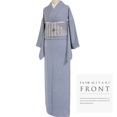 色無地 リサイクル 身丈158.5cm 裄63.8cm 袷 草花柄 パープル Mサイズ お洒落 落款 しつけ糸 正絹 広衿 地紋あり Sランク