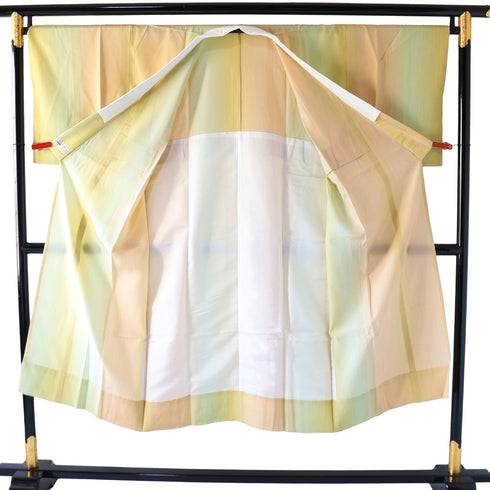 長襦袢 リサイクル 長襦袢 身丈136.3cm 裄68.4cm 袷 ゆったりサイズ 縞模様 ボカシ柄 後身頃居敷当て付き オレンジ Lサイズ お洒落 正絹 袖無双 Sランク