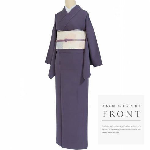 色無地 リサイクル 身丈161cm 裄65.6cm 袷 パープル Lサイズ セミフォーマル お洒落 一つ紋 正絹 広衿 地紋なし Sランク