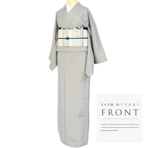 紬 リサイクル 身丈159cm 裄66.4cm 袷 花柄 グレー Mサイズ お洒落 落款 正絹 広衿 Sランク