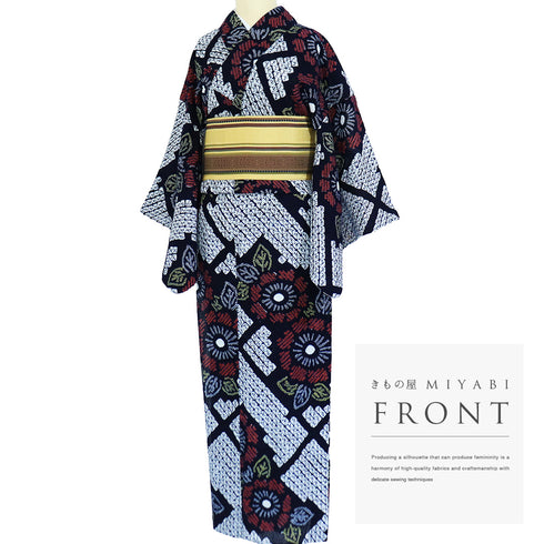 浴衣 リサイクル 夏着物 身丈151.5cm 裄64.4cm 夏物 絞り 花柄 ネイビー Sサイズ カジュアル 木綿 洗える着物 バチ衿 Aランク