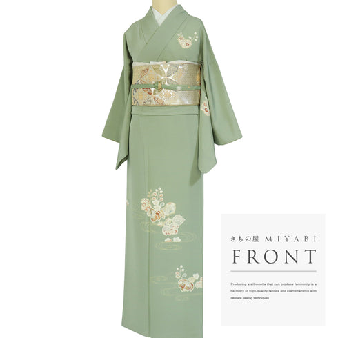 付下げ リサイクル 身丈158.2cm 裄64.4cm 袷 桐柄 観世水 金駒刺繍 箔加工 パールトーン加工 グリーン Mサイズ お洒落 正絹 広衿 Sランク