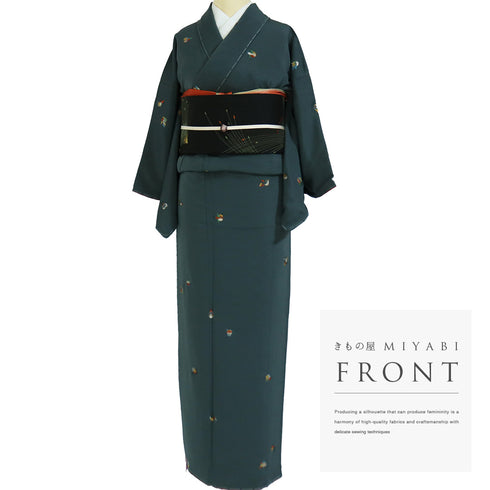 小紋 リサイクル 身丈152.8cm 裄62cm 袷 鳥柄 刺繍 グリーン Sサイズ お洒落 カジュアル 正絹 広衿 Sランク