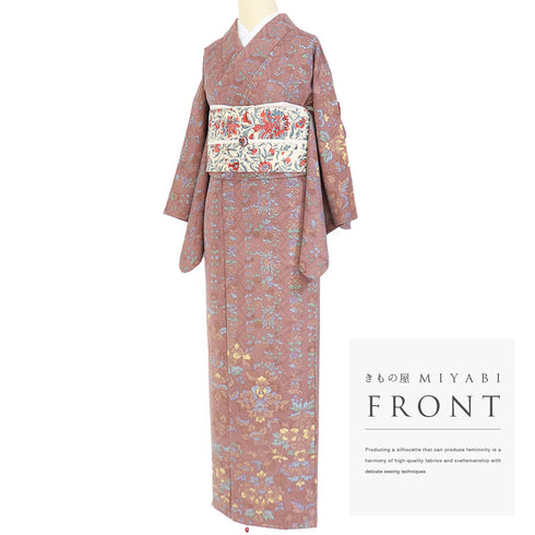 紬 リサイクル 身丈153.5cm 裄63.6cm 袷 更紗に鳳凰柄 ブラウン Sサイズ カジュアル お洒落 正絹 広衿 Sランク