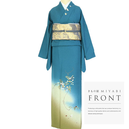 付下げ リサイクル 身丈170.5cm 裄70cm 袷 つる花 てんとう虫 刺繍 地紋 ブルー LLサイズ セミフォーマル お洒落 正絹 広衿 Sランク