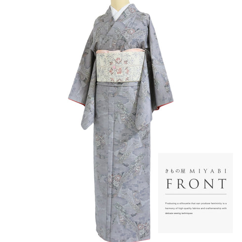 大島紬 リサイクル 身丈154.5cm 裄65.2cm 袷 都喜ヱ門 パープル Sサイズ お洒落 カジュアル 証紙 しつけ糸 正絹 広衿 Sランク