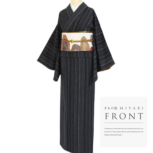 小紋 リサイクル 身丈167.6cm 裄66.8cm 袷 ストライプ柄 既製品 ブラック LLサイズ お洒落 カジュアル ポリエステル 洗える着物 広衿 Sランク