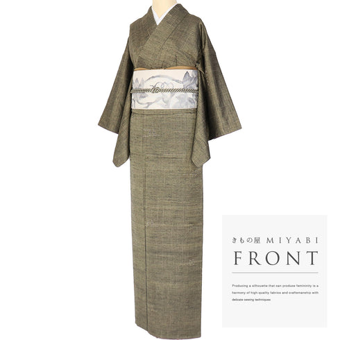 紬 リサイクル 身丈160.3cm 裄63.6cm 袷 幾何学柄 グリーン Mサイズ カジュアル 正絹 バチ衿 Sランク