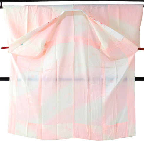 長襦袢 リサイクル 長襦袢 身丈140.3cm 裄67.8cm 袷 花枝柄 地紋 刺繍半衿付き ぼかし ピンク Lサイズ ポリエステル 洗える着物 袖無双 Sランク