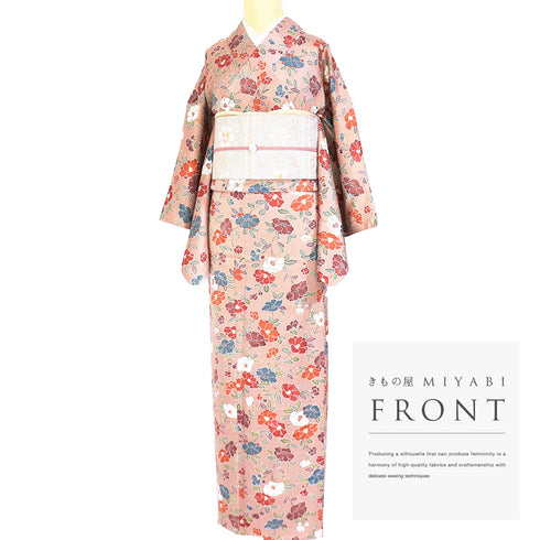 小紋 リサイクル 身丈158.5cm 裄63.7cm 単衣 椿柄 ピンク Mサイズ カジュアル 正絹 バチ衿 Sランク