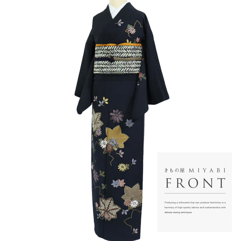 訪問着 リサイクル 身丈168.3cm 裄67cm 袷 紅葉や菊柄 箔 ネイビー LLサイズ お洒落 不明 広衿 Sランク