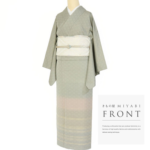 訪問着 リサイクル 身丈159.5cm 裄64.6cm 袷 織り段ぼかし柄 グリーン Mサイズ セミフォーマル お洒落 落款 一つ紋 正絹 広衿 Sランク