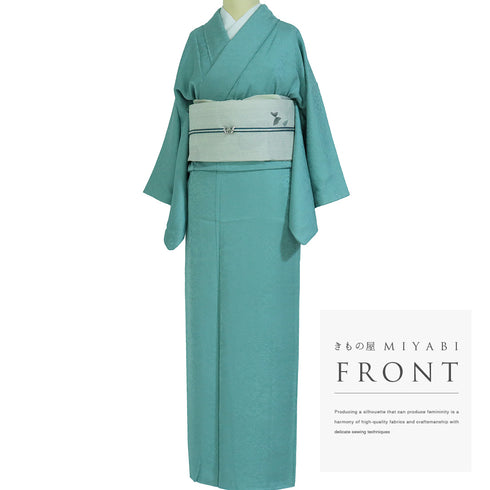 色無地 リサイクル 身丈157.3cm 裄62.6cm 袷 小花柄 梶山伸監修 ブルー Mサイズ お洒落 落款 正絹 広衿 地紋あり Sランク