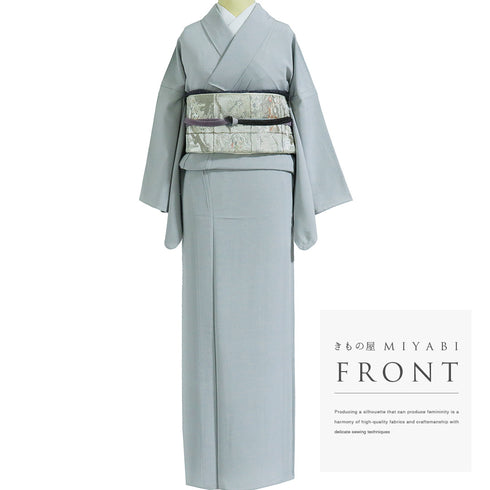 色無地 リサイクル 身丈161cm 裄65.6cm 単衣 グレー Lサイズ セミフォーマル 一つ紋 しつけ糸 正絹 広衿 Sランク