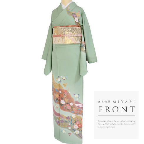 訪問着 リサイクル 身丈167cm 裄67.6cm 袷 花柄 箔 金駒刺繍 グリーン LLサイズ セミフォーマル 正絹 広衿 Aランク