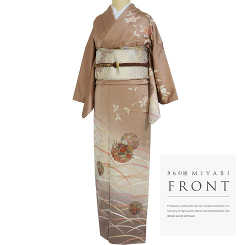 訪問着 リサイクル 身丈157cm 裄64.2cm 袷 雪輪に花模様 刺繍 箔 ブラウン Mサイズ お洒落 セミフォーマル しつけ糸 正絹 広衿 Bランク