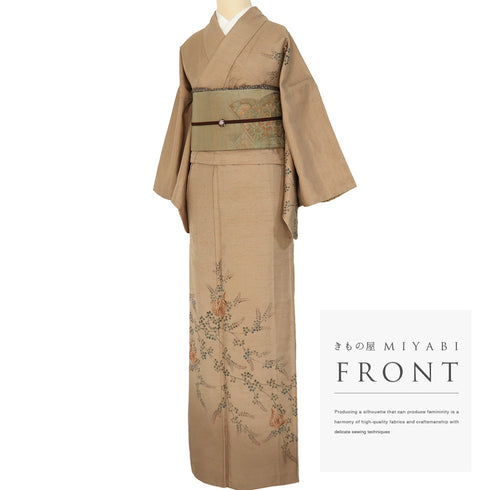 付下げ リサイクル 身丈160.8cm 裄65.2cm 袷 鳳凰柄 草花柄 紬 ブラウン Lサイズ お洒落 一つ紋 正絹 広衿 Sランク