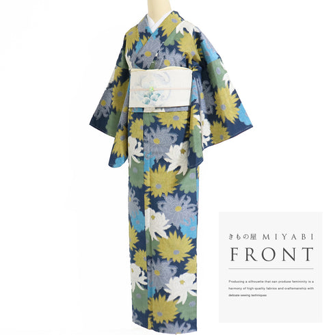 紬 リサイクル 身丈163.5cm 裄65.6cm 袷 菊柄 多色 Lサイズ カジュアル お洒落 しつけ糸 正絹 広衿 Sランク