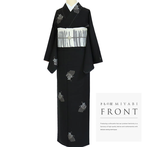 大島紬 リサイクル 身丈163.8cm 裄66.8cm 袷 地紙にデザイン蝶柄 ブラック Lサイズ お洒落 カジュアル 証紙 しつけ糸 正絹 広衿 Sランク