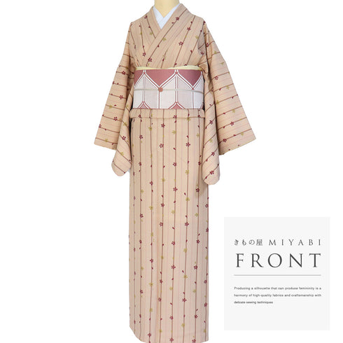 小紋 リサイクル 身丈166.7cm 裄67cm 袷 既製品 ストライプ柄 桜柄 ピンク LLサイズ お洒落 カジュアル ポリエステル 洗える着物 広衿 Sランク