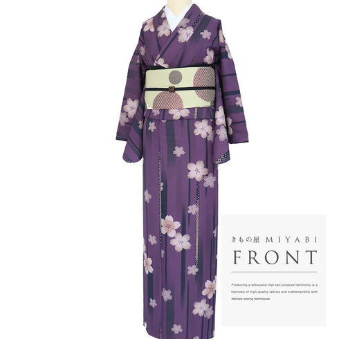 小紋 リサイクル 身丈168cm 裄64.5cm 袷 桜柄 パープル LLサイズ お洒落 カジュアル ポリエステル 洗える着物 広衿 Sランク