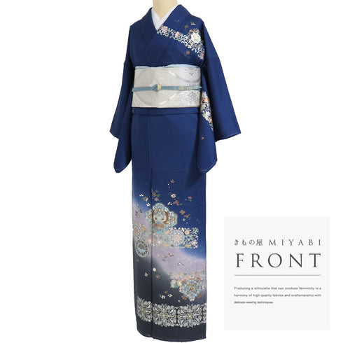 訪問着 リサイクル 身丈162.8cm 裄62.6cm 袷 金彩に双鳥と華文模様 ブルー Lサイズ セミフォーマル しつけ糸 正絹 広衿 Sランク