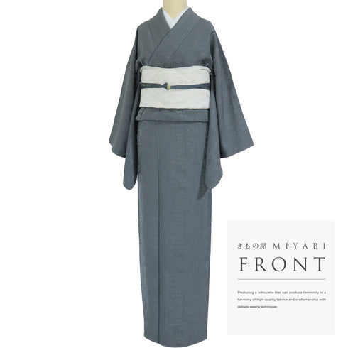 色無地 リサイクル 身丈165cm 裄68cm 袷 短冊寄柄 グレー Lサイズ セミフォーマル お洒落 一つ紋 正絹 広衿 地紋あり Aランク