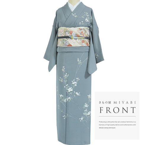 訪問着 リサイクル 身丈151cm 裄62.4cm 袷 花鳥柄 峰山 グレー Sサイズ お洒落 落款 正絹 広衿 Sランク